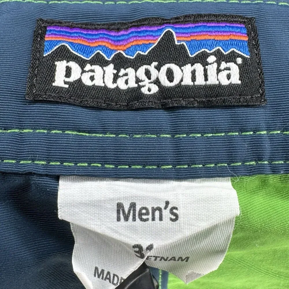 Mens PATAGONIA Board Shorts Size 31 Green‎ And Blue Swimsuit Drawstring